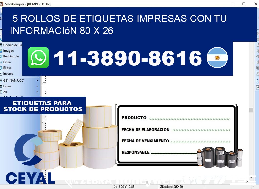 5 rollos de etiquetas impresas con tu información 80 x 26