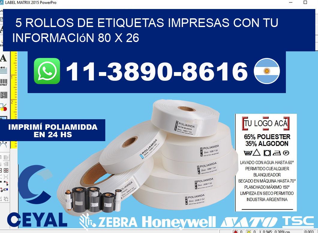 5 rollos de etiquetas impresas con tu información 80 x 26