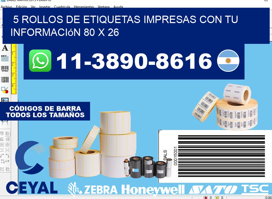 5 rollos de etiquetas impresas con tu información 80 x 26