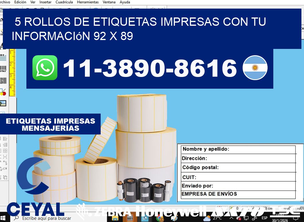 5 rollos de etiquetas impresas con tu información 92 x 89