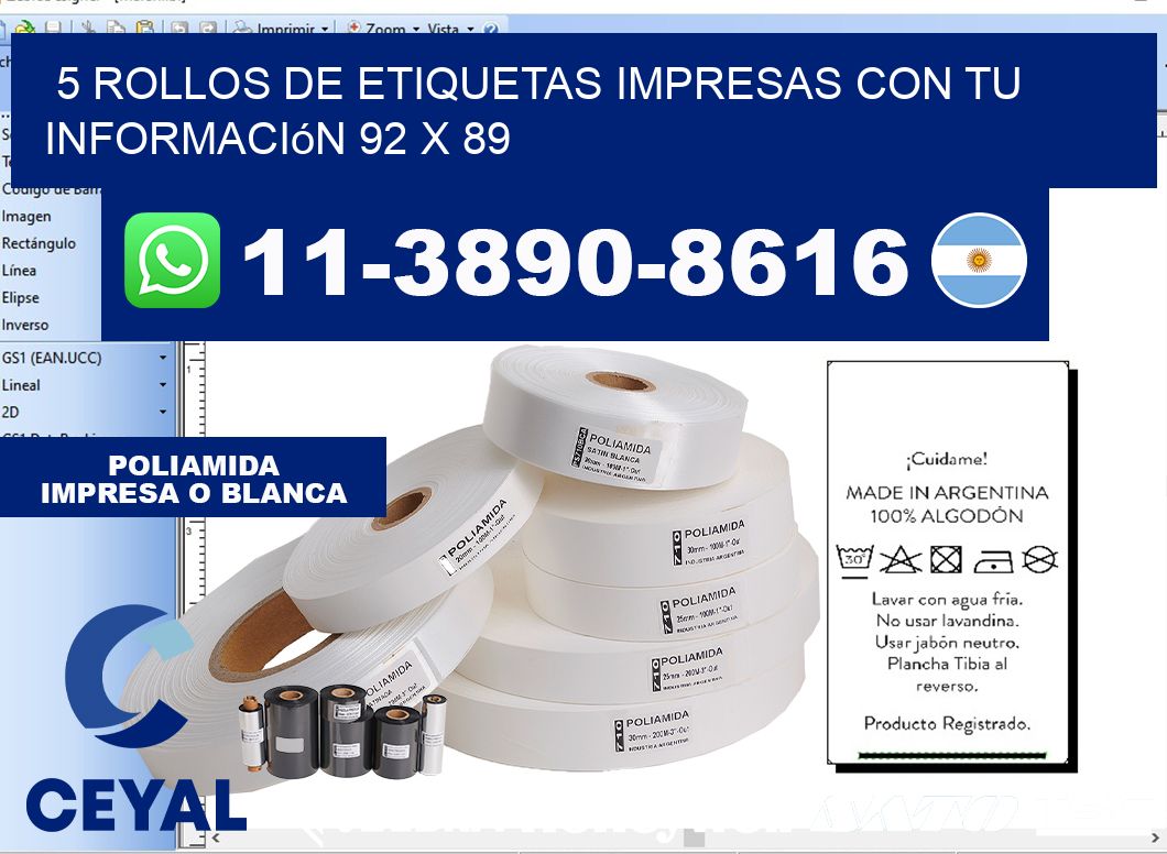 5 rollos de etiquetas impresas con tu información 92 x 89