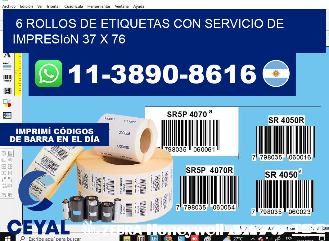 6 rollos de etiquetas con servicio de impresión 37 x 76