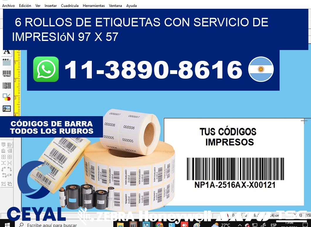 6 rollos de etiquetas con servicio de impresión 97 x 57