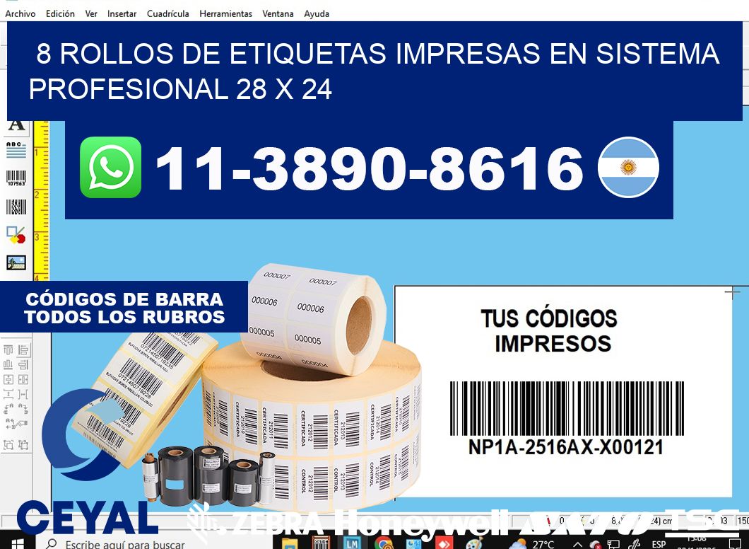 8 rollos de etiquetas impresas en sistema profesional 28 x 24