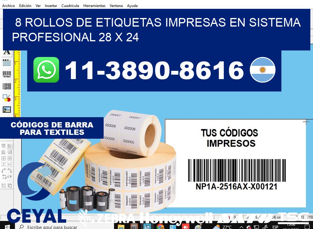 8 rollos de etiquetas impresas en sistema profesional 28 x 24