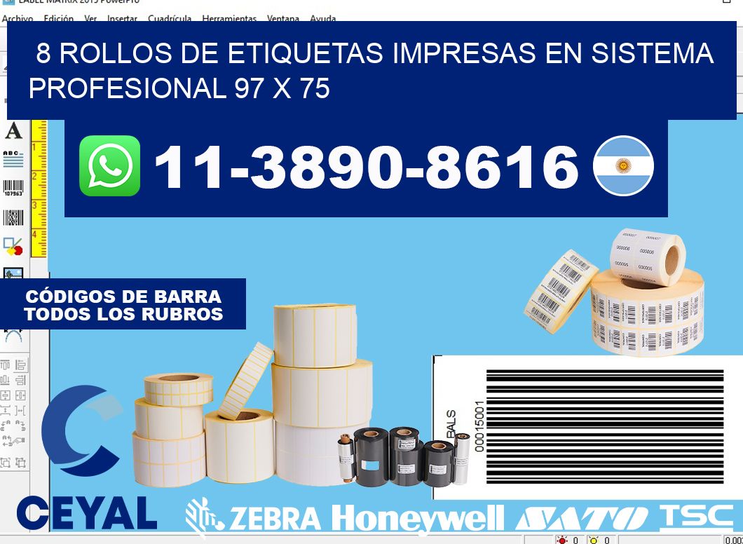 8 rollos de etiquetas impresas en sistema profesional 97 x 75